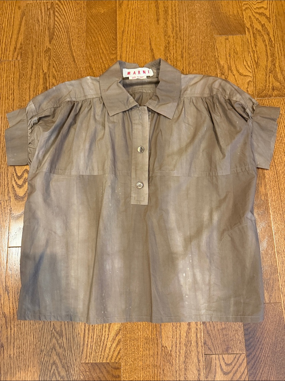 Marni Taupe Short Sleeve Collared Popover tie-dye cotton Blouse